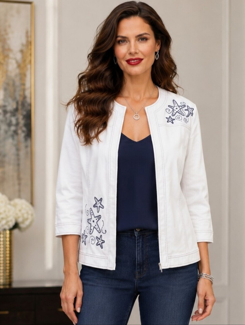 NWOT 𝅺Palm Harbour | Open Front Embroidered Starfish & Rhinestone Jacket